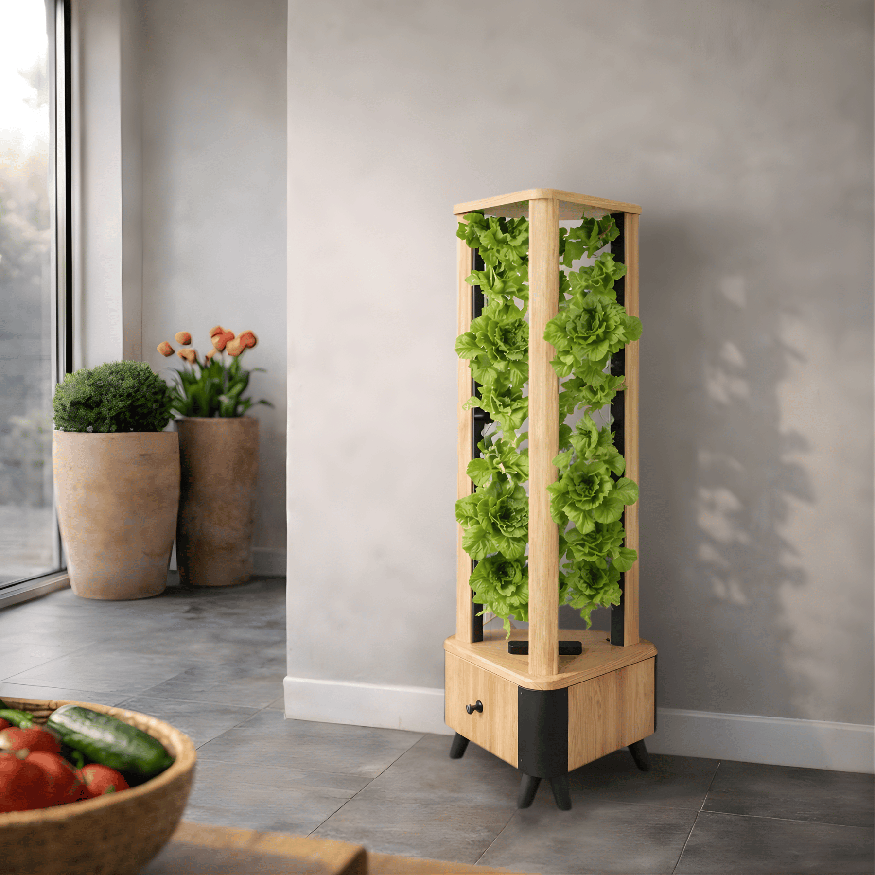 Vertical garden with green plants in a modern indoor setting