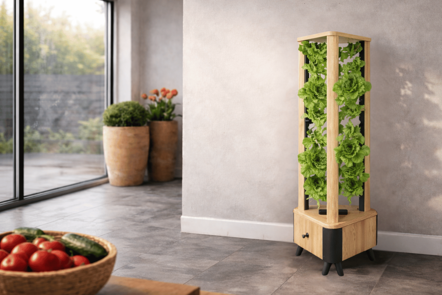 Vertical garden in a modern indoor setting with a window and potted plants.